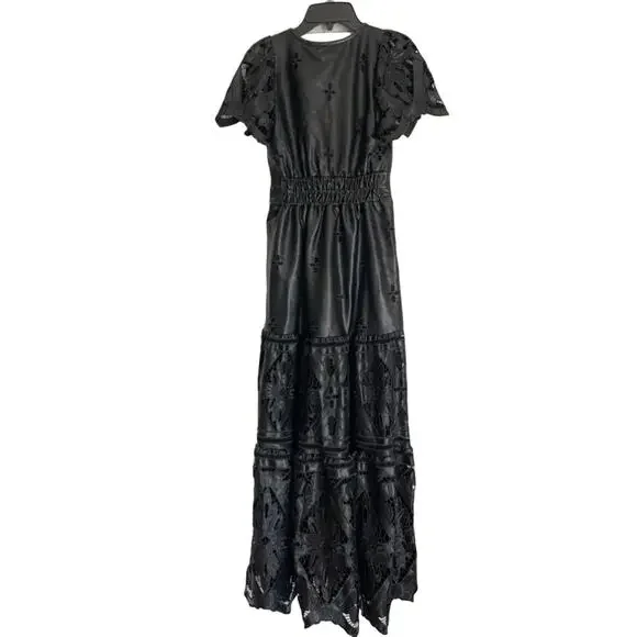 NWT Anthropologie The Somerset Maxi Dress: Faux Leather Embroidered BLACK XS
